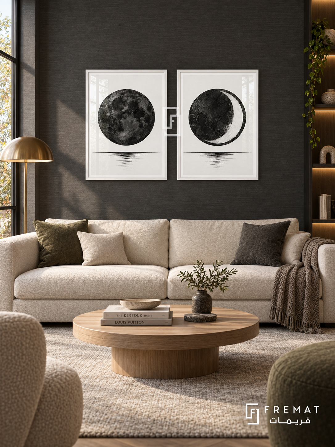 Lunar Contrast — set of two black-and-white artworks in White frames.