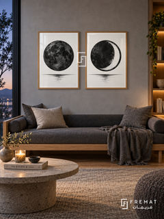 Lunar Contrast — set of two black-and-white artworks in Wooden Texture frames.