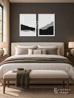 Torn Horizons — set of two black-and-white artworks in White frames.