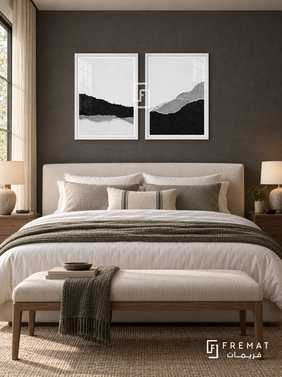 Torn Horizons — set of two black-and-white artworks in White frames.