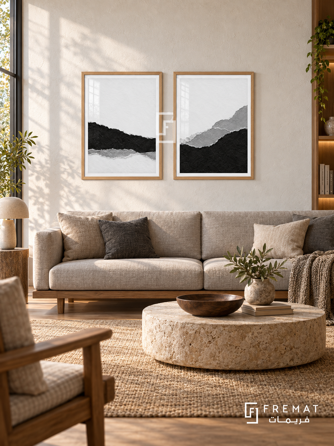 Torn Horizons — set of two black-and-white artworks in Wooden Texture frames.