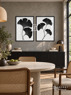 Ginkgo Duet — set of two black-and-white artworks in Black frames.