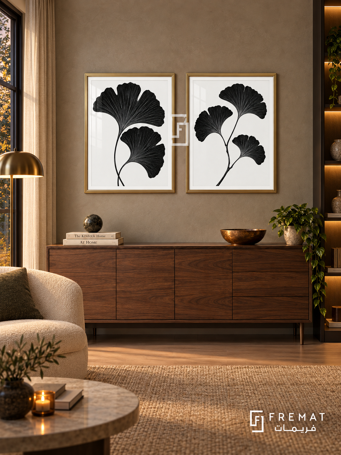 Ginkgo Duet — set of two black-and-white artworks in Gold frames.