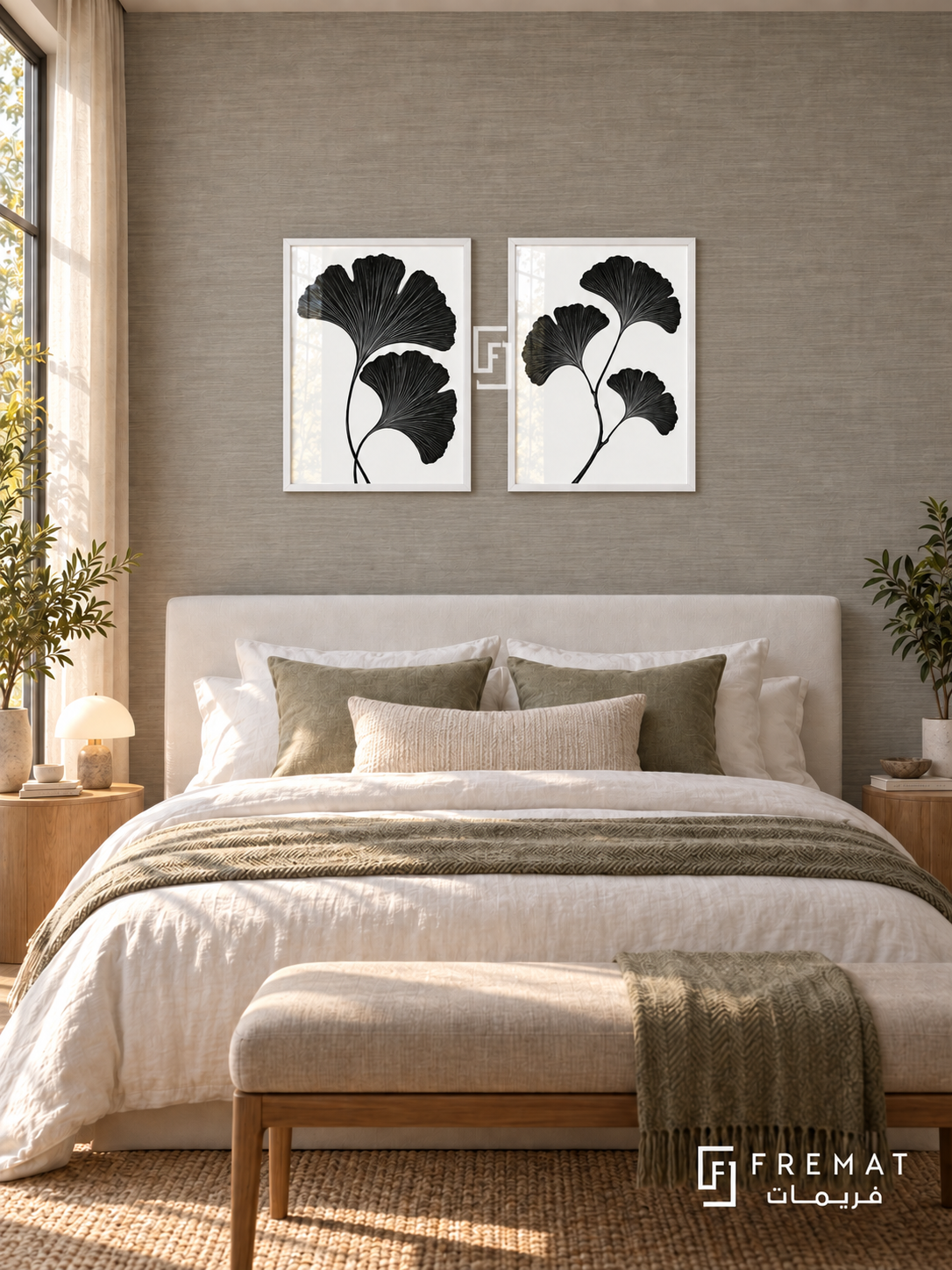 Ginkgo Duet — set of two black-and-white artworks in White frames.