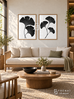 Ginkgo Duet — set of two black-and-white artworks in Wooden Texture frames.