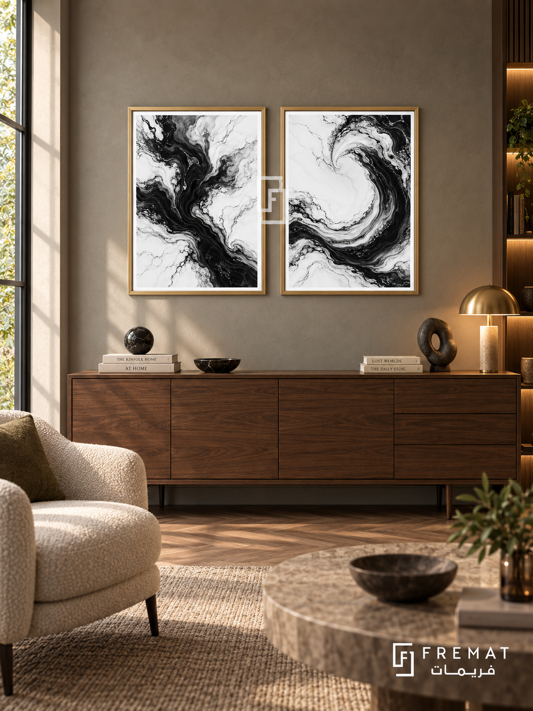 Fluid Marble — set of two black-and-white artworks in Gold frames.