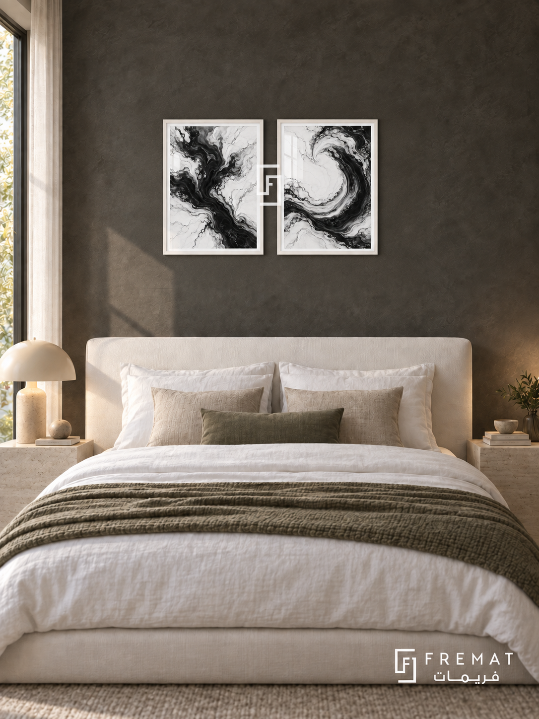 Fluid Marble — set of two black-and-white artworks in White frames.