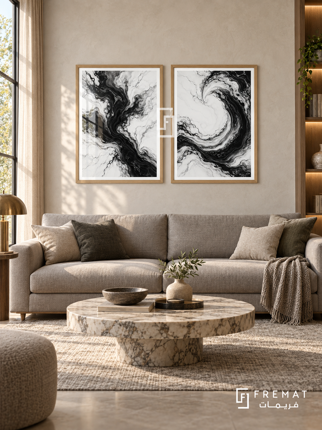 Fluid Marble — set of two black-and-white artworks in Wooden Texture frames.