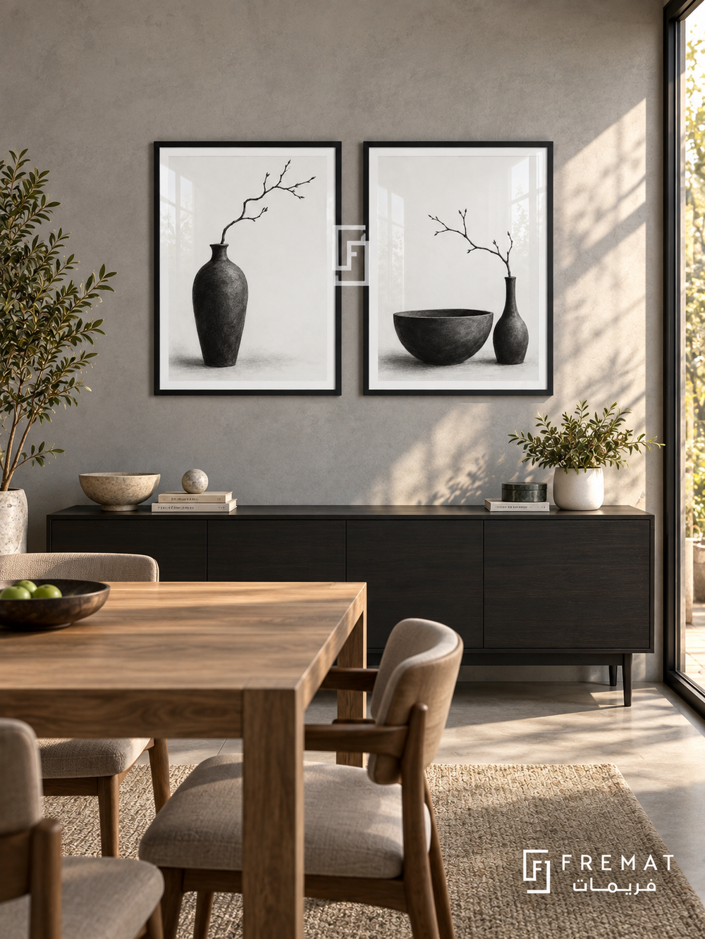 Quiet Vessels — set of two black-and-white artworks in Black frames.