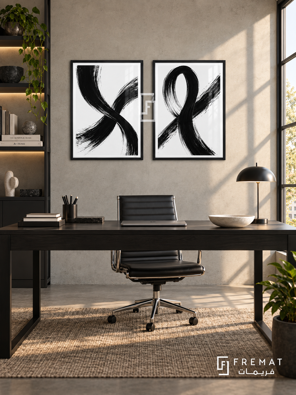 Intersecting Paths — set of two black-and-white artworks in Black frames.
