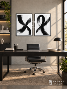 Intersecting Paths — set of two black-and-white artworks in Black frames.