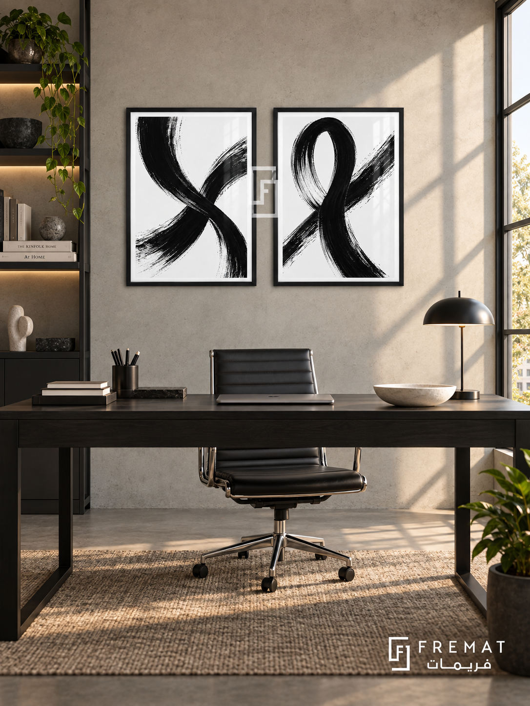 Intersecting Paths — set of two black-and-white artworks in Black frames.