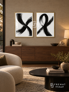 Intersecting Paths — set of two black-and-white artworks in Gold frames.