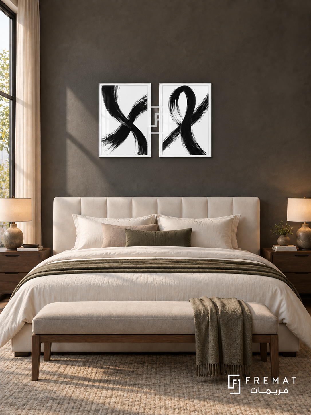 Intersecting Paths — set of two black-and-white artworks in White frames.