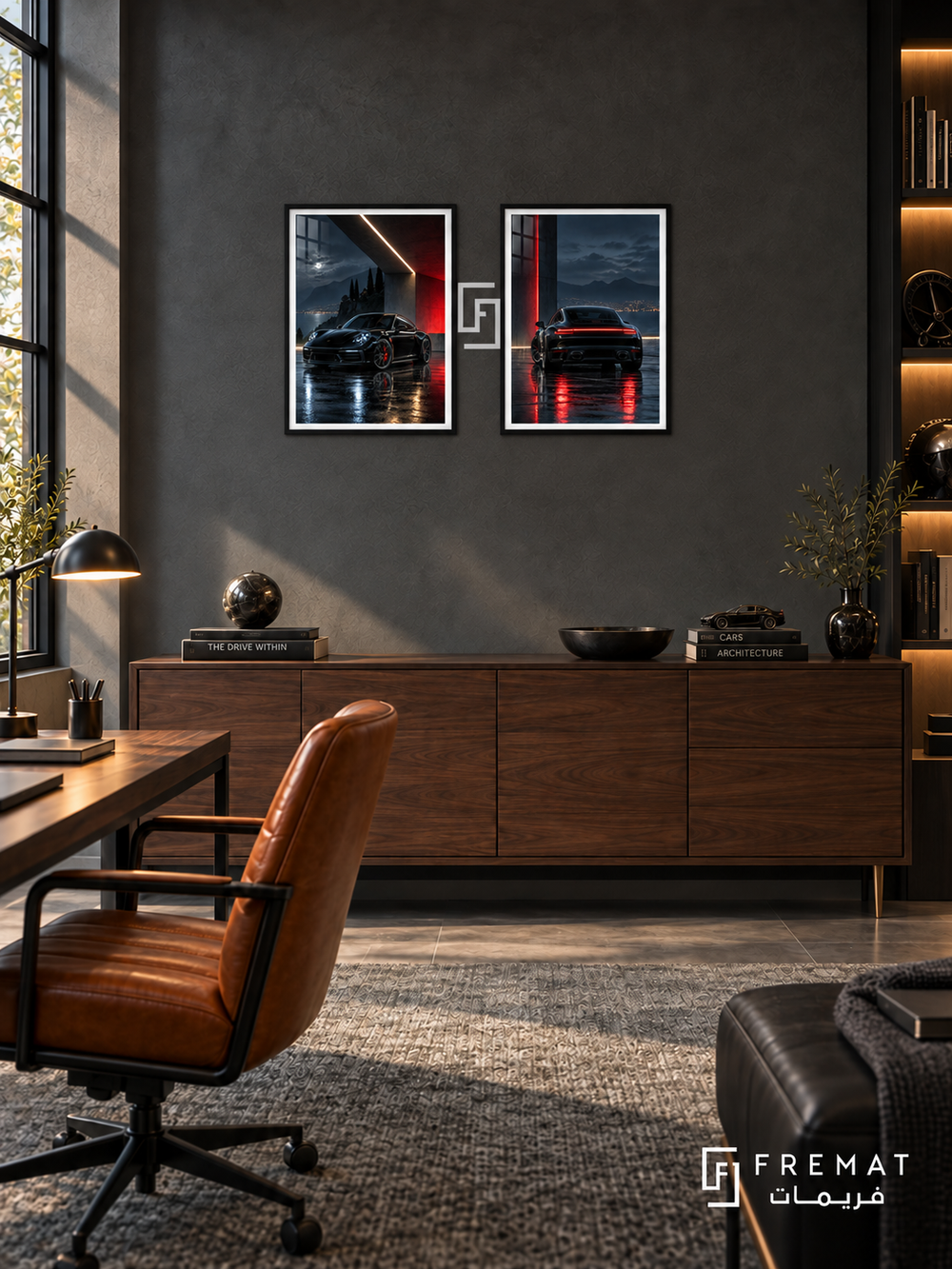 Midnight Lines — set of two cars artworks in Black frames.