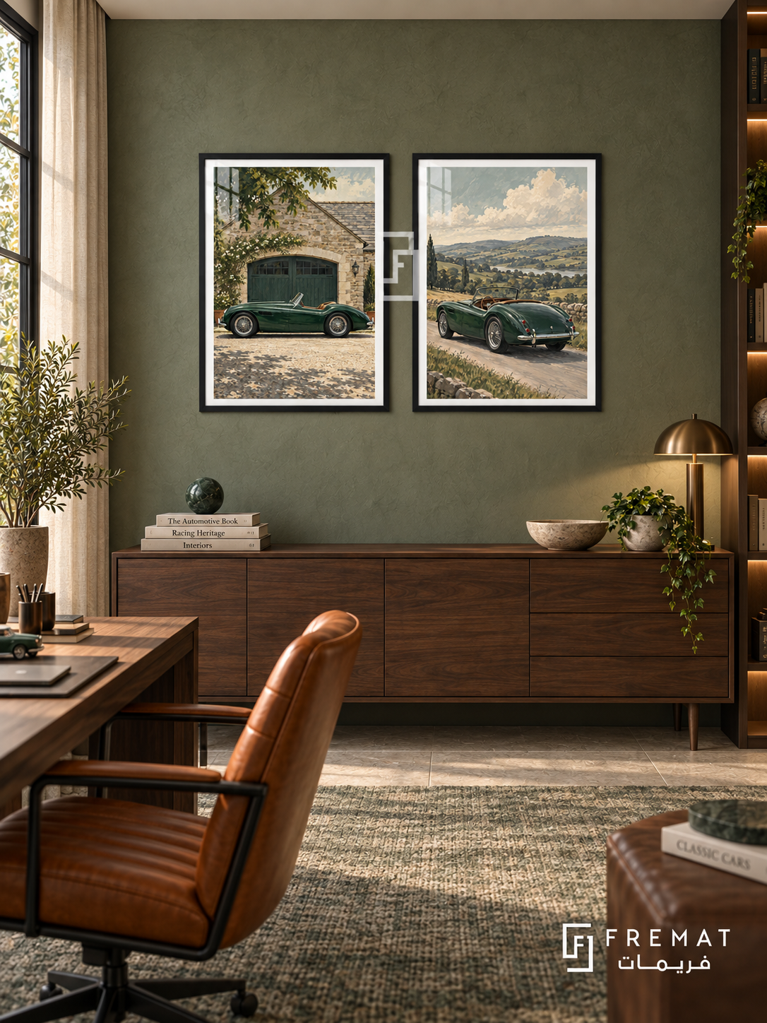 British Green — set of two cars artworks in Black frames.