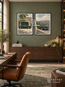 British Green — set of two cars artworks in Black frames.