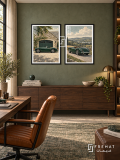 British Green — set of two cars artworks in Black frames.