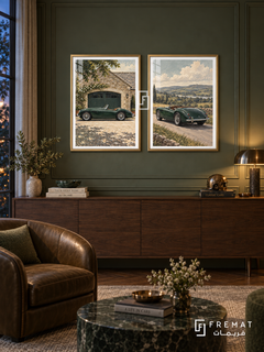 British Green — set of two cars artworks in Gold frames.