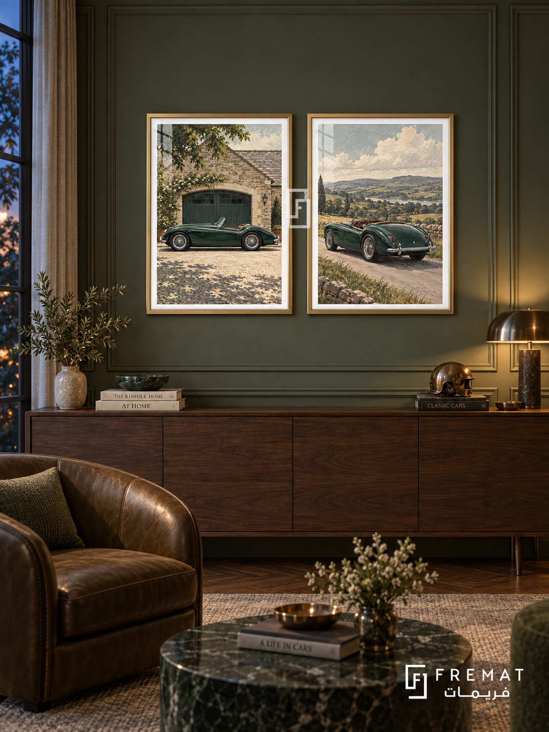 British Green — set of two cars artworks in Gold frames.