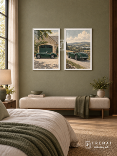 British Green — set of two cars artworks in White frames.