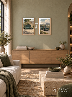British Green — set of two cars artworks in Wooden Texture frames.