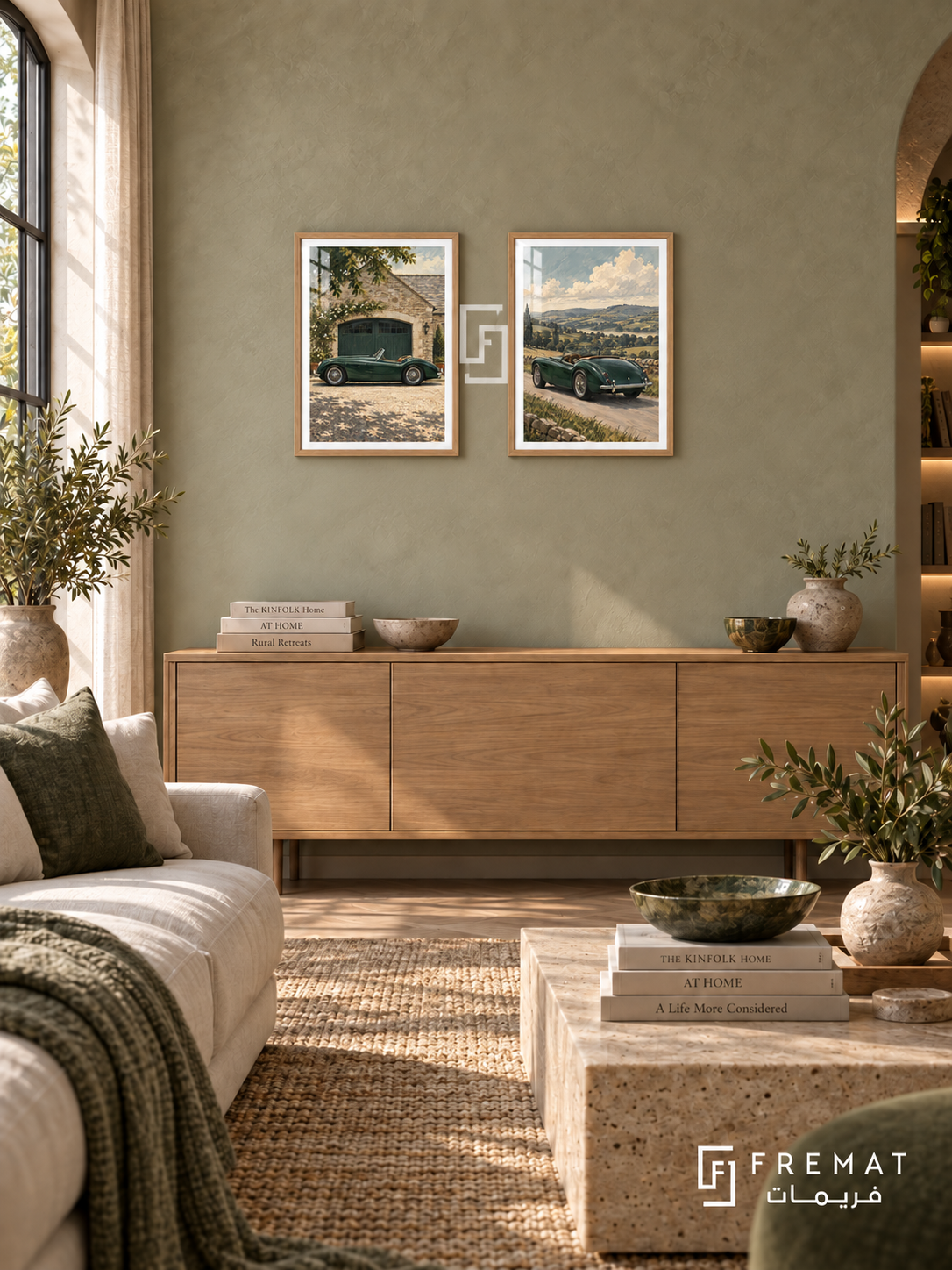 British Green — set of two cars artworks in Wooden Texture frames.