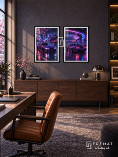 Neon Drift — set of two cars artworks in Black frames.