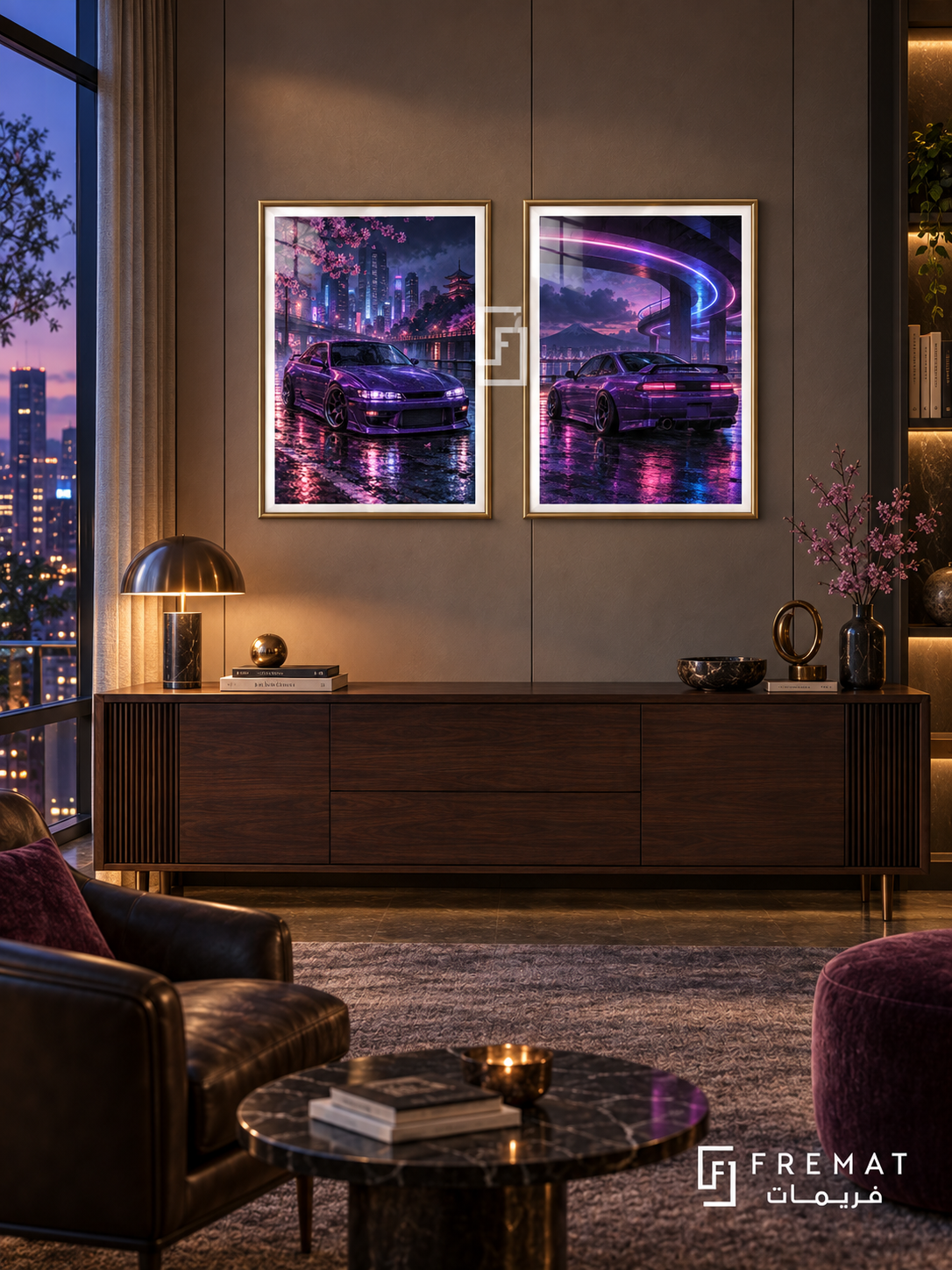 Neon Drift — set of two cars artworks in Gold frames.