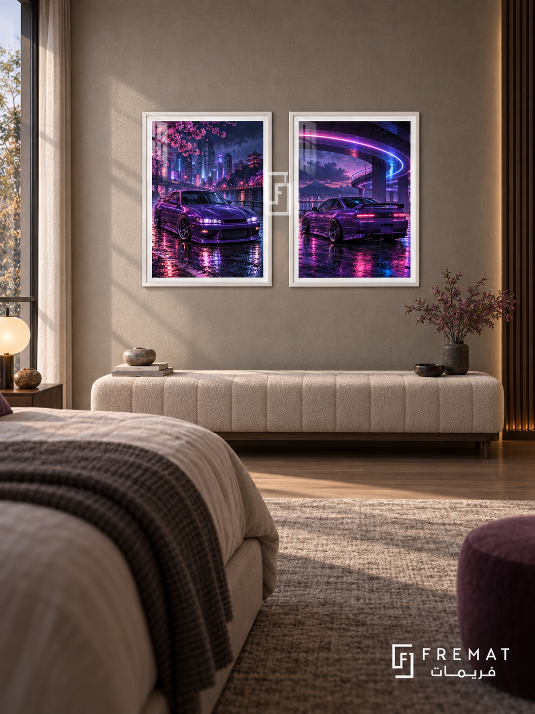 Neon Drift — set of two cars artworks in White frames.