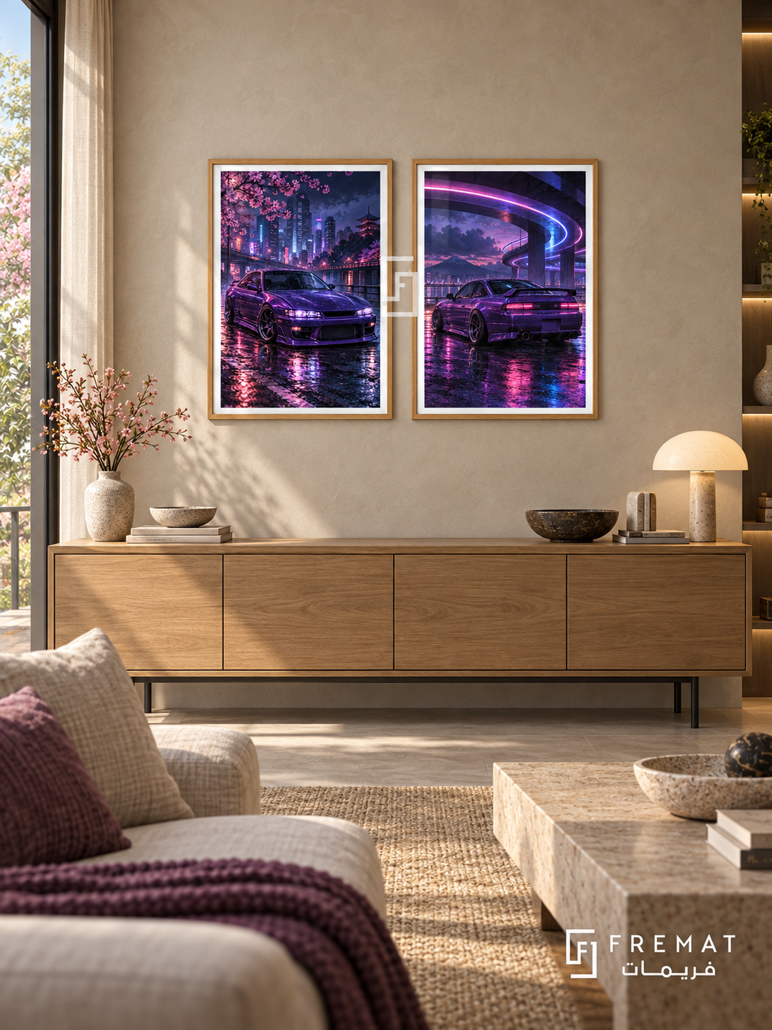 Neon Drift — set of two cars artworks in Wooden Texture frames.