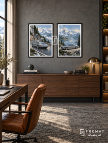 Alpine Touring — set of two cars artworks in Black frames.