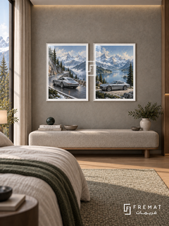 Alpine Touring — set of two cars artworks in White frames.