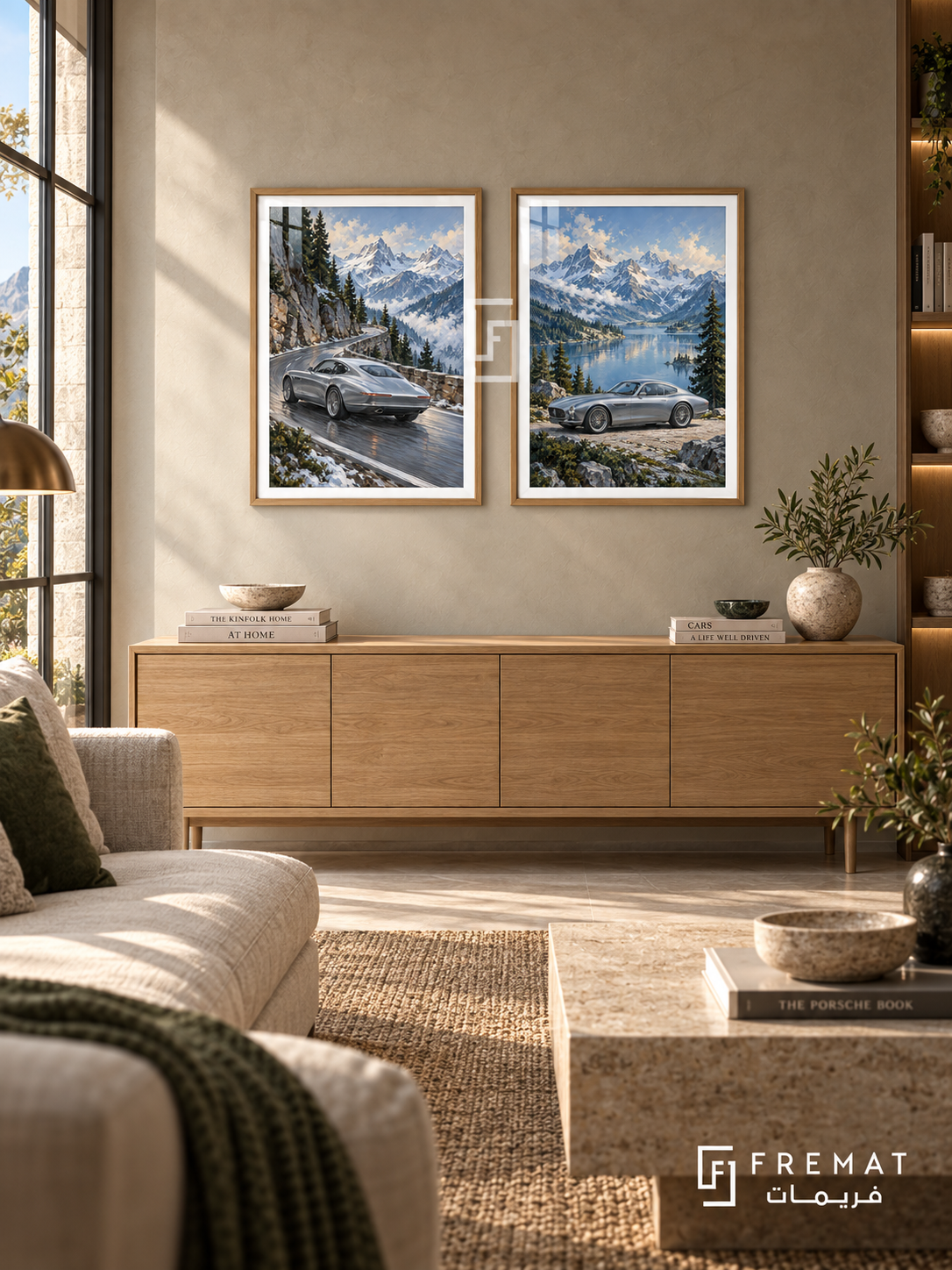 Alpine Touring — set of two cars artworks in Wooden Texture frames.