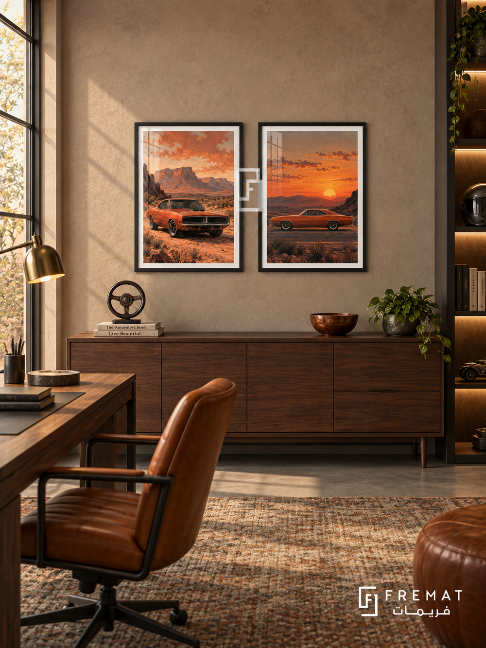 Sunset Muscle — set of two cars artworks in Black frames.