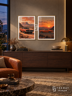 Sunset Muscle — set of two cars artworks in Gold frames.
