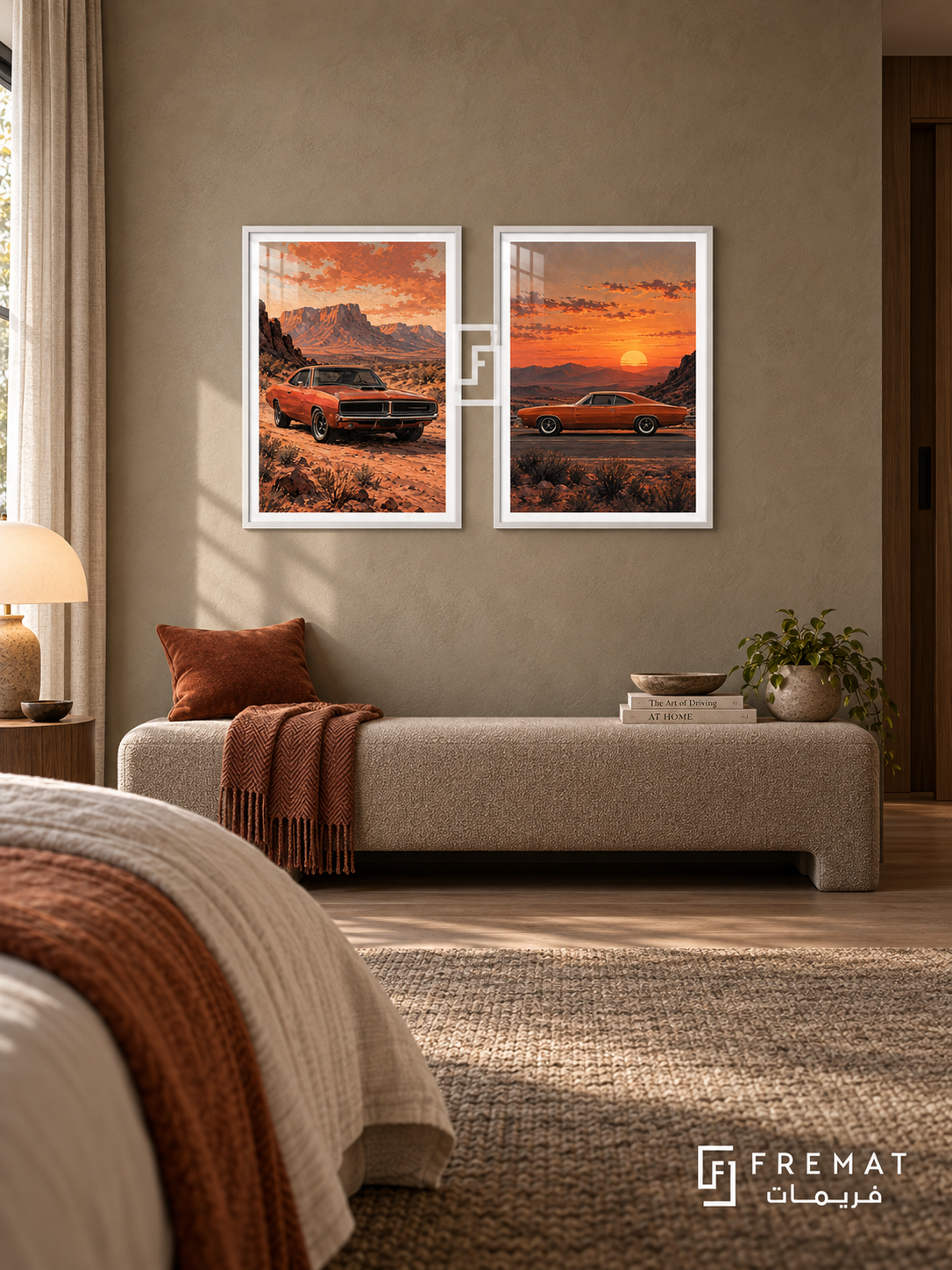 Sunset Muscle — set of two cars artworks in White frames.