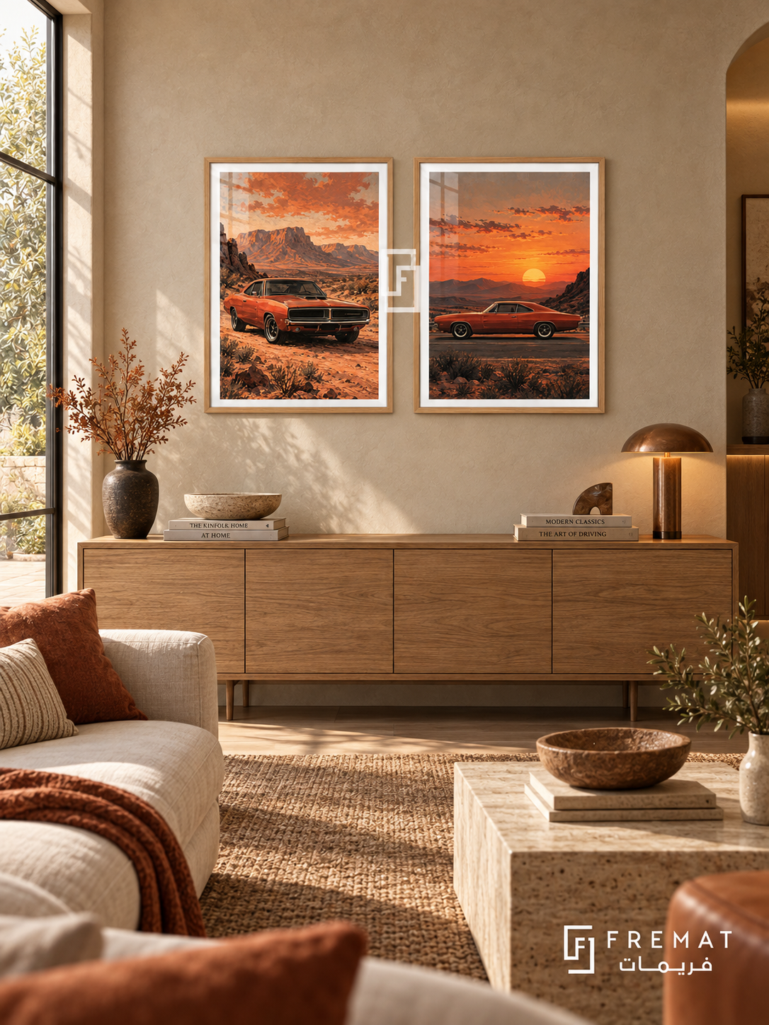 Sunset Muscle — set of two cars artworks in Wooden Texture frames.