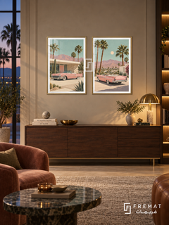 Palm Springs — set of two cars artworks in Gold frames.