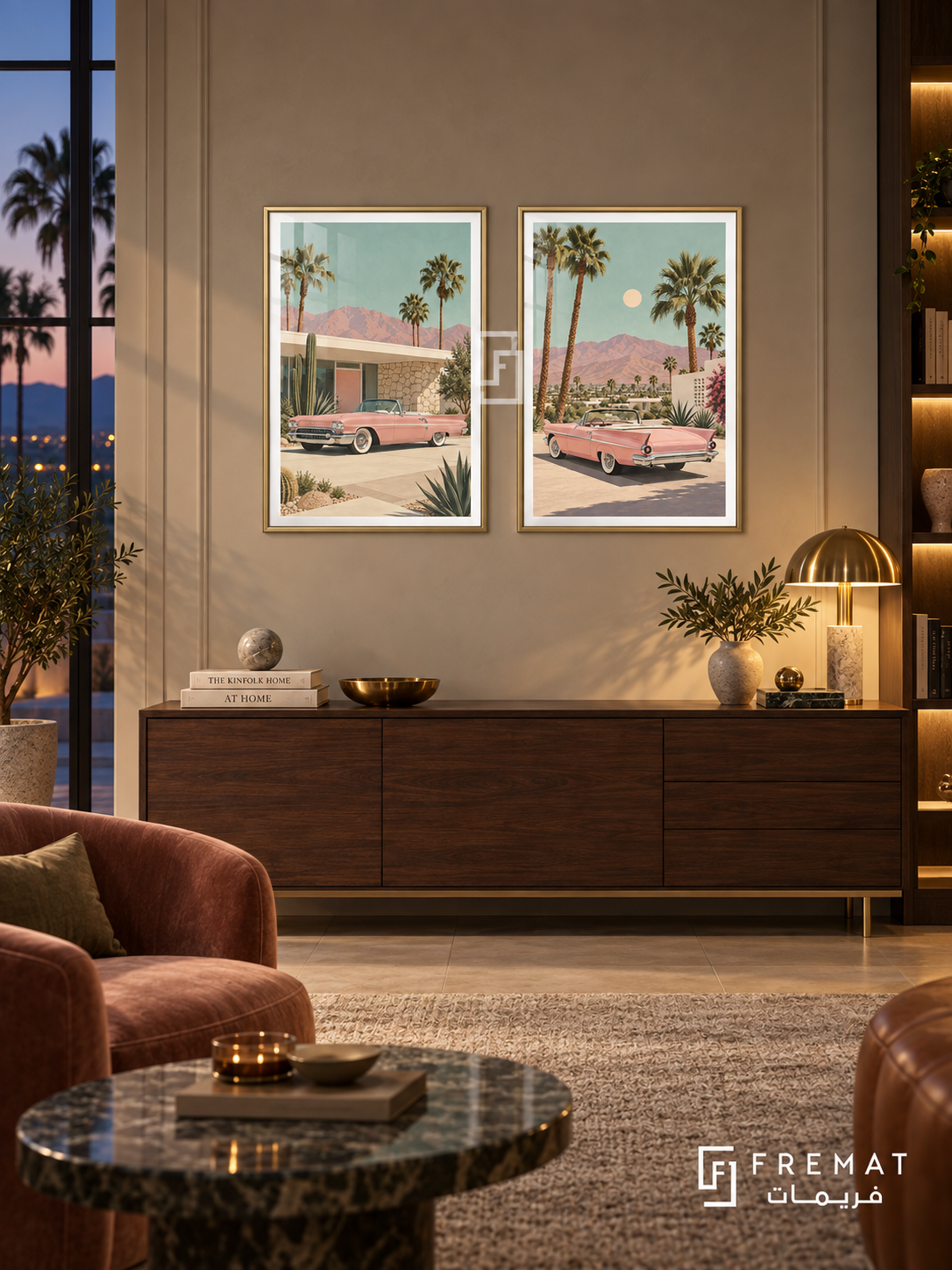 Palm Springs — set of two cars artworks in Gold frames.