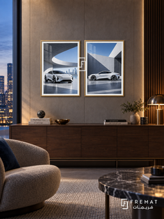 Urban Electric — set of two cars artworks in Gold frames.