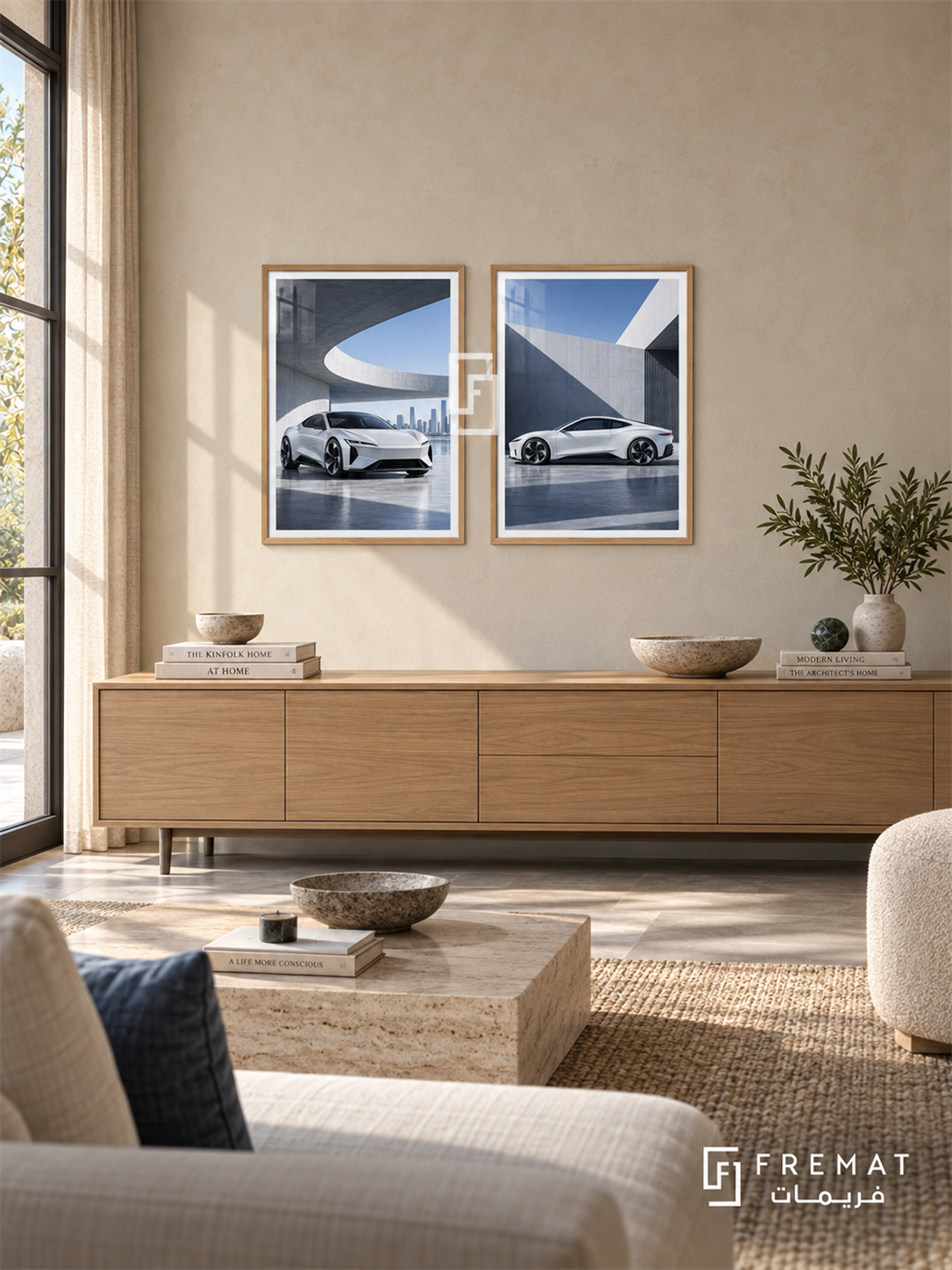 Urban Electric — set of two cars artworks in Wooden Texture frames.