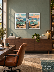 Coastal Van — set of two cars artworks in Black frames.