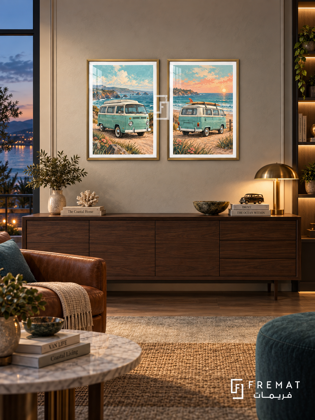 Coastal Van — set of two cars artworks in Gold frames.