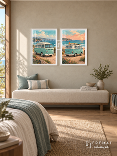 Coastal Van — set of two cars artworks in White frames.