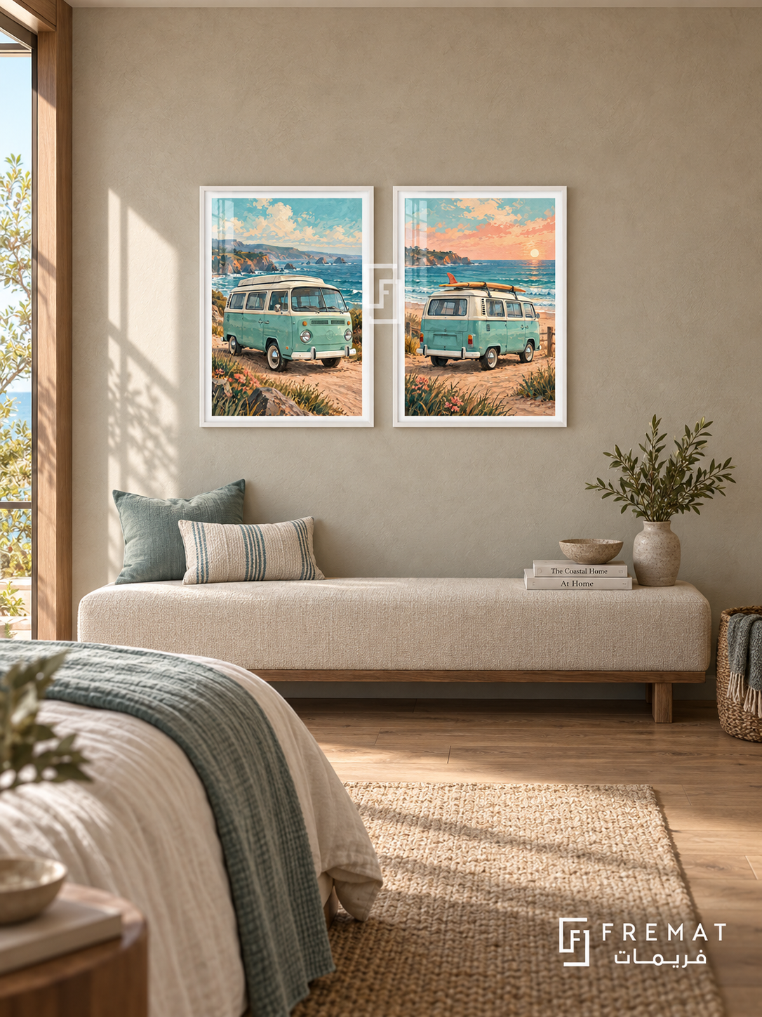Coastal Van — set of two cars artworks in White frames.