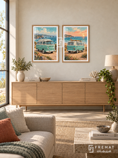 Coastal Van — set of two cars artworks in Wooden Texture frames.