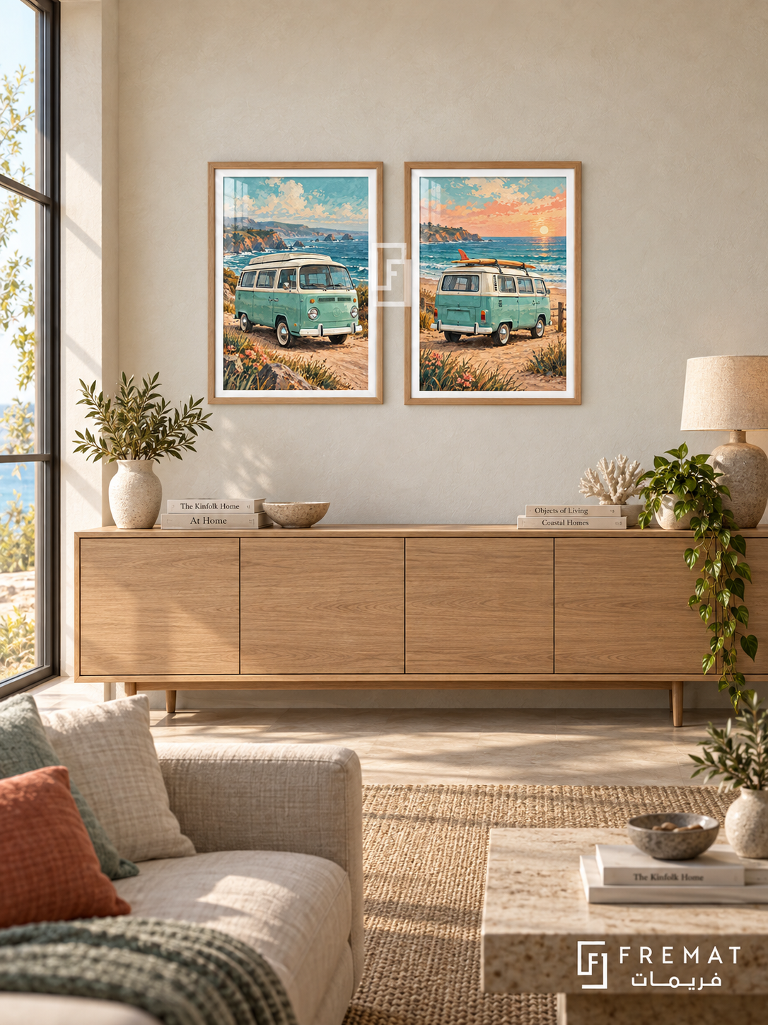Coastal Van — set of two cars artworks in Wooden Texture frames.
