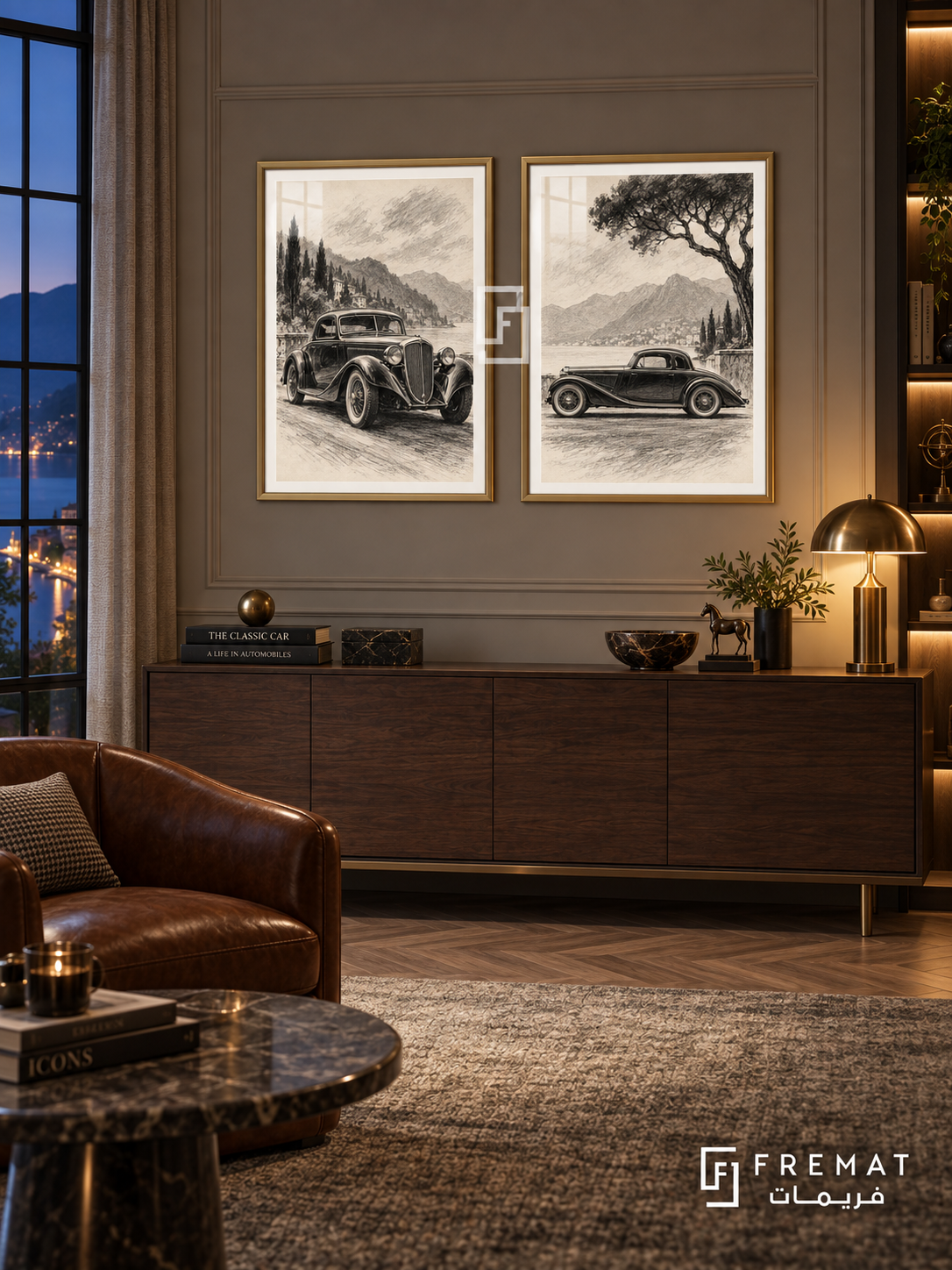 Monochrome Heritage — set of two cars artworks in Gold frames.
