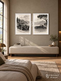 Monochrome Heritage — set of two cars artworks in White frames.